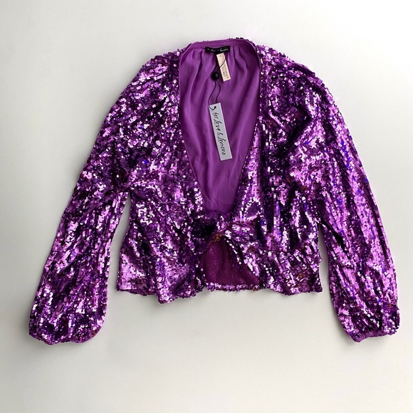 For Love & Lemons Nwt Purple Sequin Madeline Tie Front Long Sleeve Top Small S - Picture 1 of 4